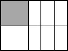 A rectangular model is divided into unequal parts. There are 8 parts total. 6 of the parts are equal size and unshaded. Two larger parts are equal size and are double the size of the smaller parts. 1 large part is shaded, and 1 large part is unshaded. 