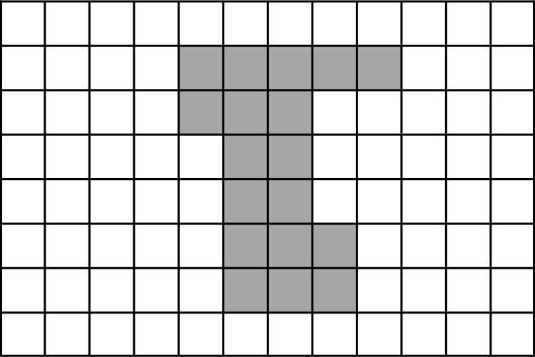 A diagram shows a shaded figure in a grid. The figure has 6 rows of shaded squares. First row: 5 squares. Second row: 3 squares. Third row: 2 squares. Fourth row: 2 squares. Fifth row: 3 squares. Sixth row: 3 squares.