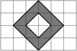 A diagram shows a shaded figure in a grid. The figure has 4 rows of shaded squares. First row: one-half square, one-half square. Second row: one-half square, one-half square, one-half square, one-half square. Third row: one-half square, one-half square, one-half square, one-half square. Fourth row: one-half square, one-half square.