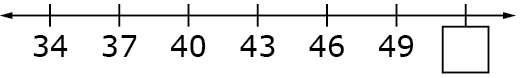 A number line is shown with 7 tick marks labeled 34, 37, 40, 43, 46, 49, and blank box.