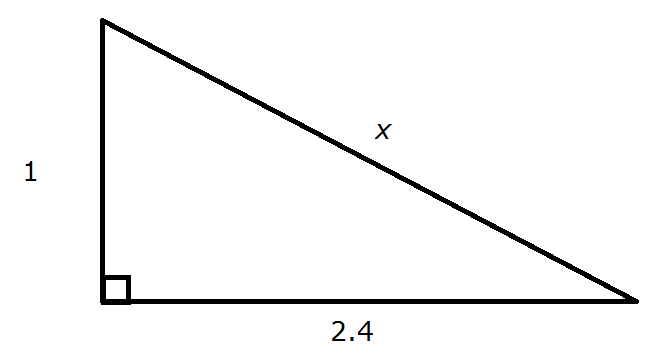 A right triangle is shown. The height is labeled 1, the length is labeled 2 point 4, and the hypotenuse is labeled x.