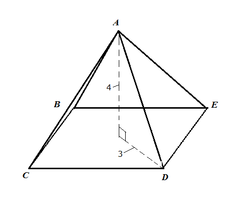 A triangular pyramid, A B C D E, is shown. Point A is at the top of the pyramid. A dashed line runs from Point A to the center of the base and is labeled 4. Another dashed line runs from the center of the base to angle D on the pyramid and is labeled 3. These two dashed lines create a right angle.